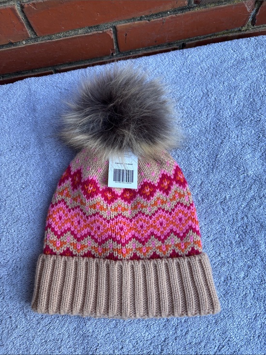 Uncharted Treads Accessories - Pom Pom Knit Beanie - Pink Multicolor with Beige Cuff